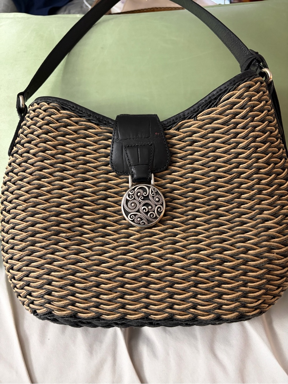 Brighton Woven Straw-Style Shoulder Bag with Black Trim